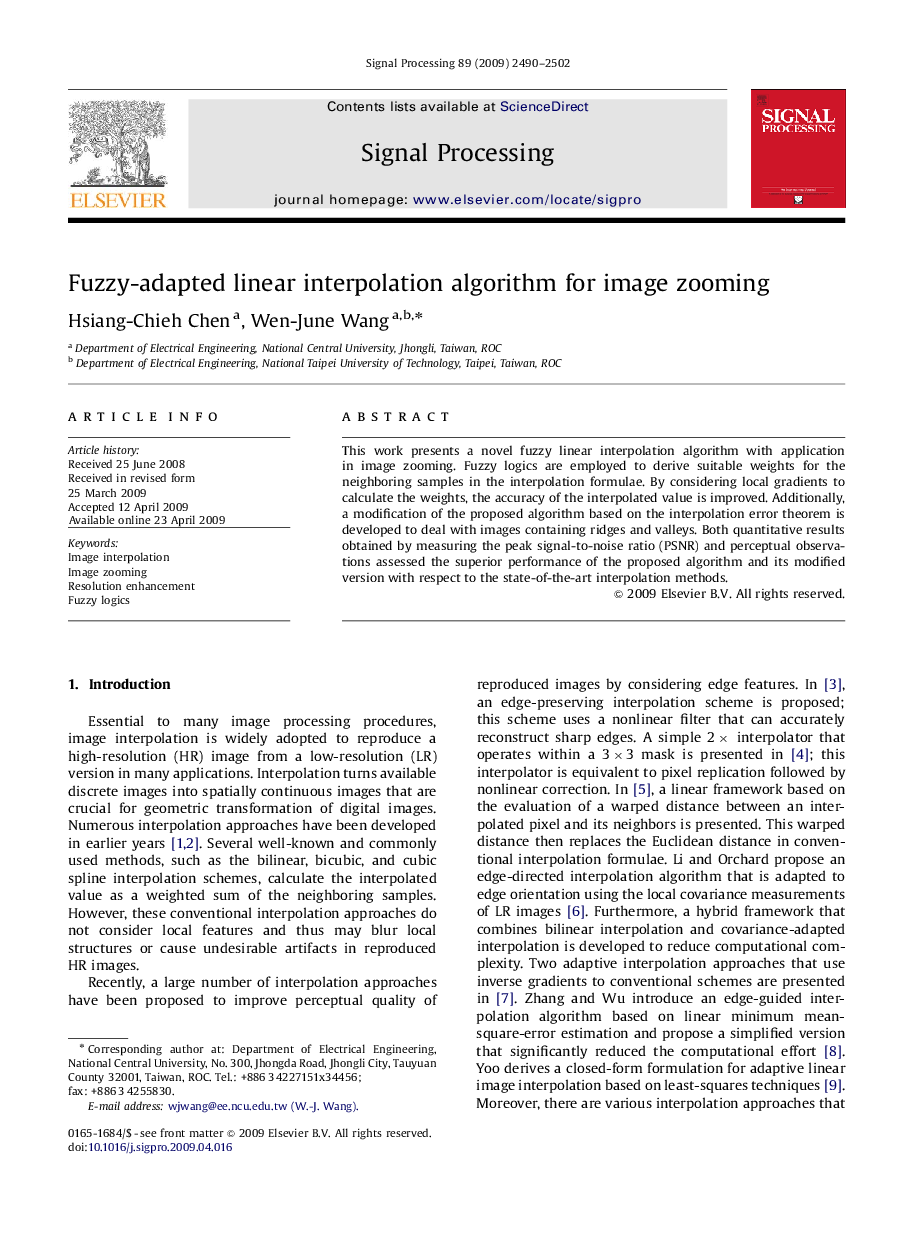 Fuzzy-adapted linear interpolation algorithm for image zooming