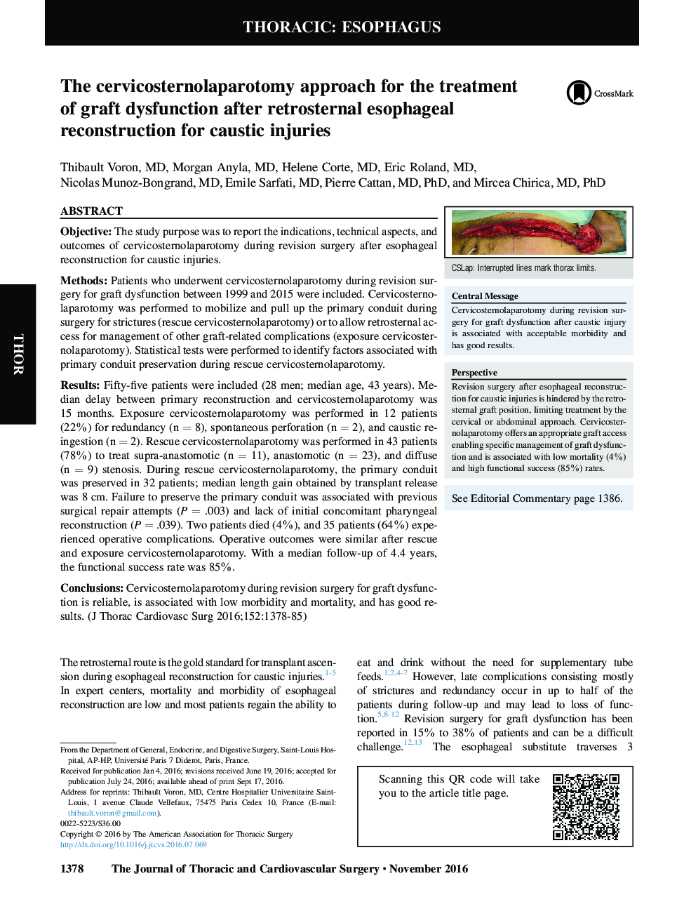 The cervicosternolaparotomy approach for the treatment of graft dysfunction after retrosternal esophageal reconstruction for caustic injuries