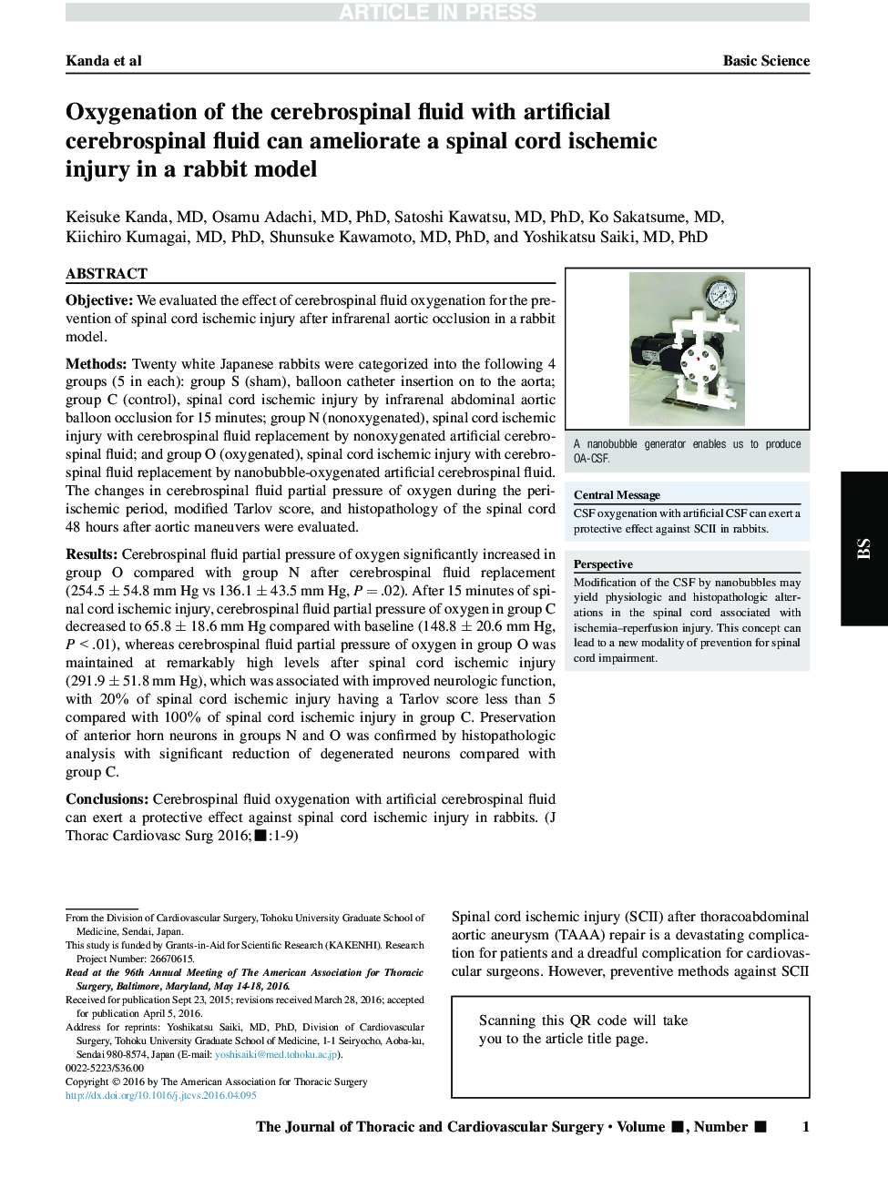 Oxygenation of the cerebrospinal fluid with artificial cerebrospinal fluid can ameliorate a spinal cord ischemic injury in a rabbit model