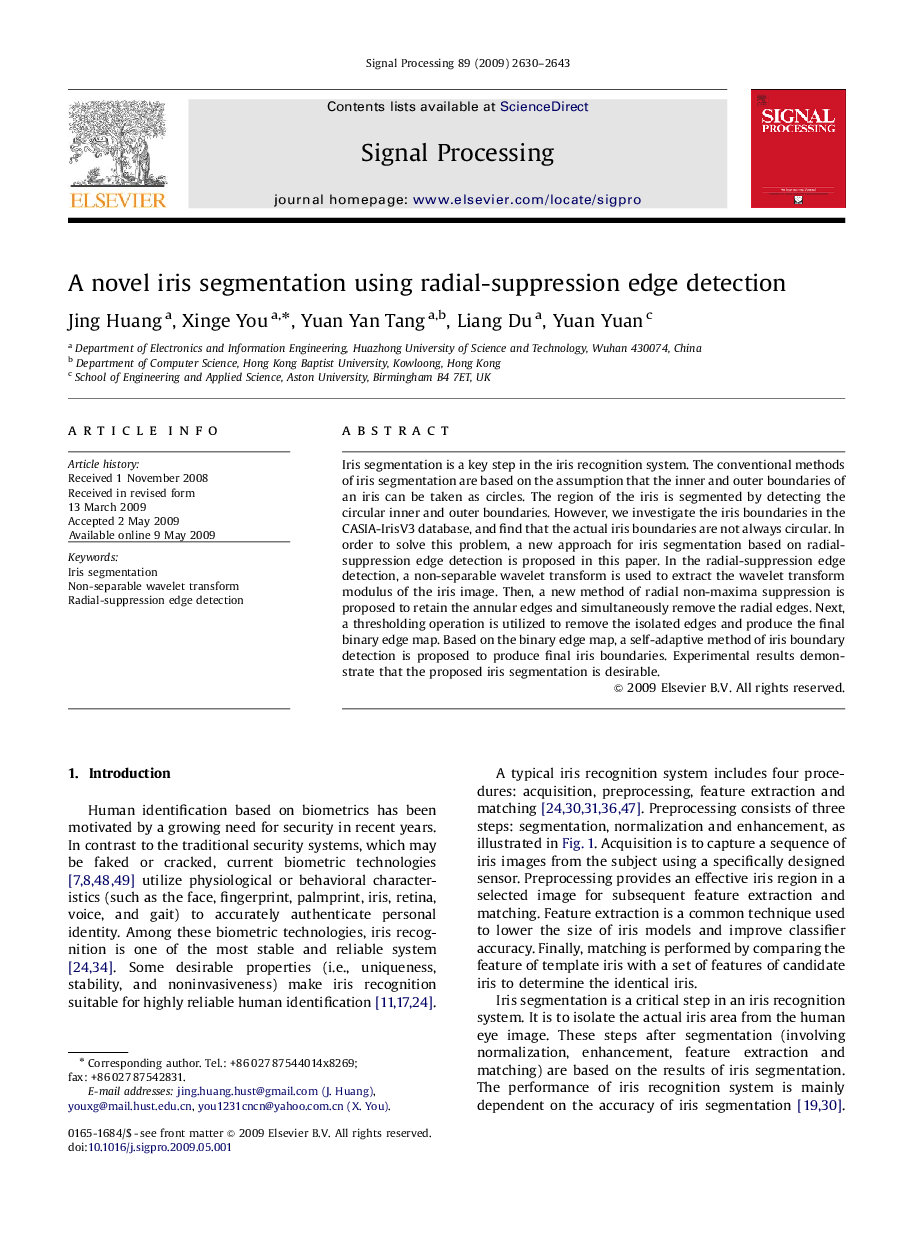 A novel iris segmentation using radial-suppression edge detection