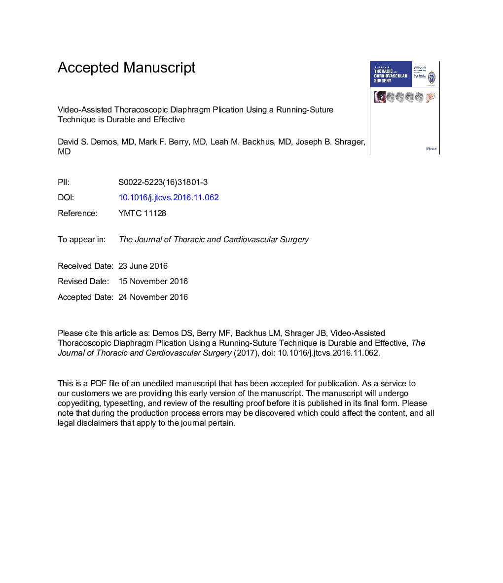 Video-assisted thoracoscopic diaphragm plication using a running suture technique is durable and effective