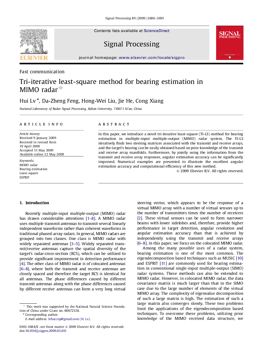 Tri-iterative least-square method for bearing estimation in MIMO radar 