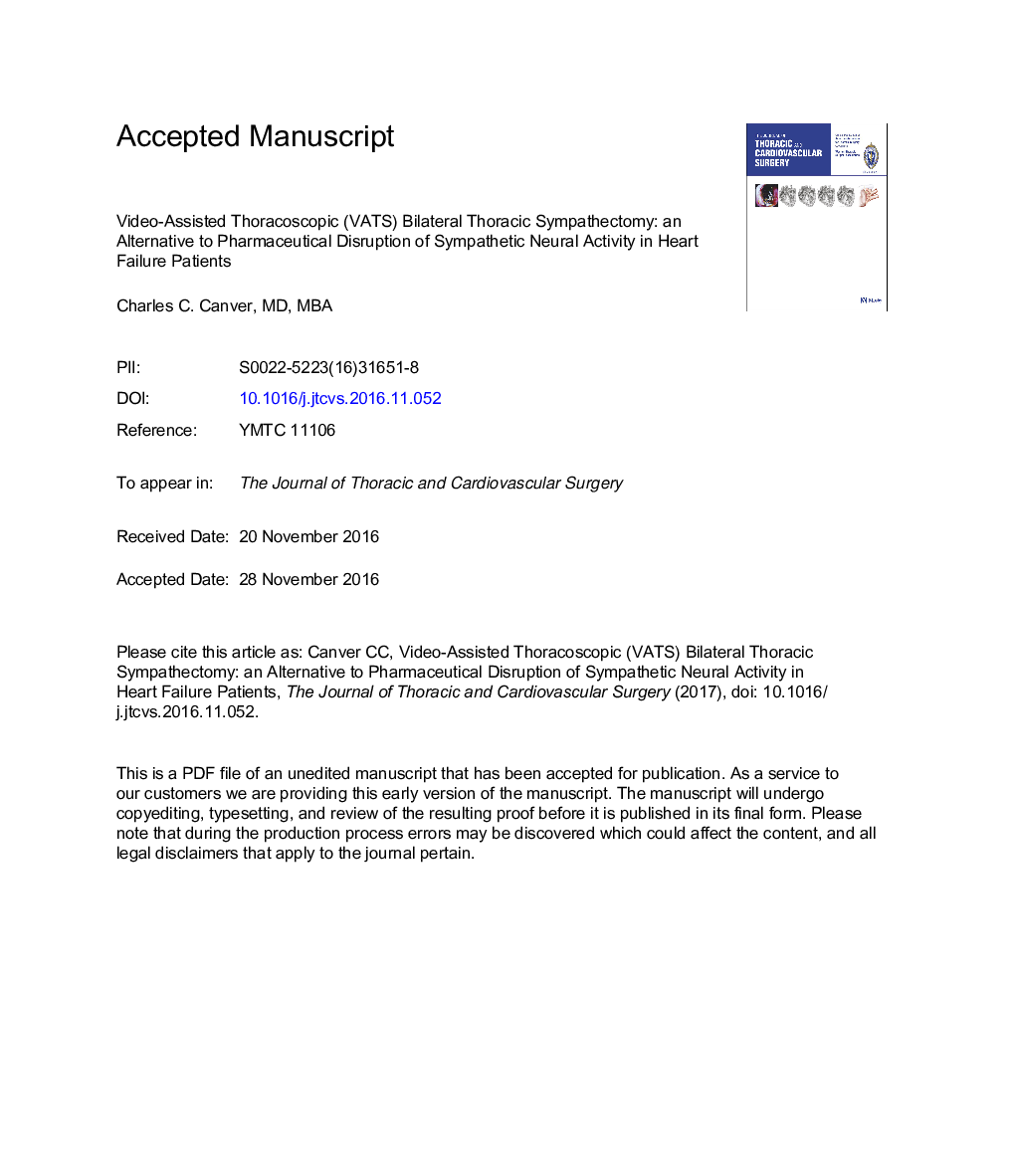 Video-assisted thoracoscopic bilateral thoracic sympathectomy: An alternative to pharmaceutical disruption of sympathetic neural activity in patients with heart failure