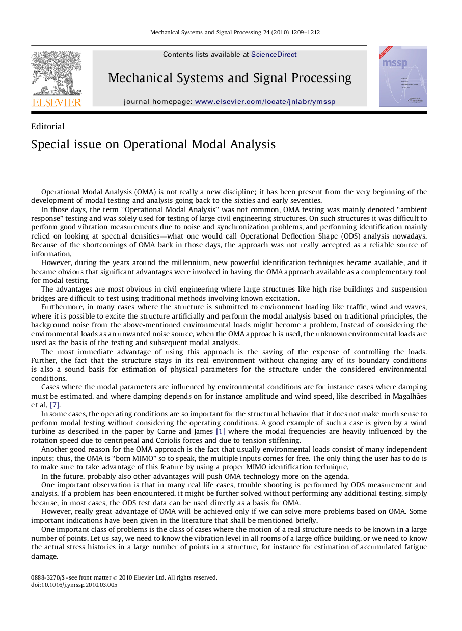 Special issue on Operational Modal Analysis