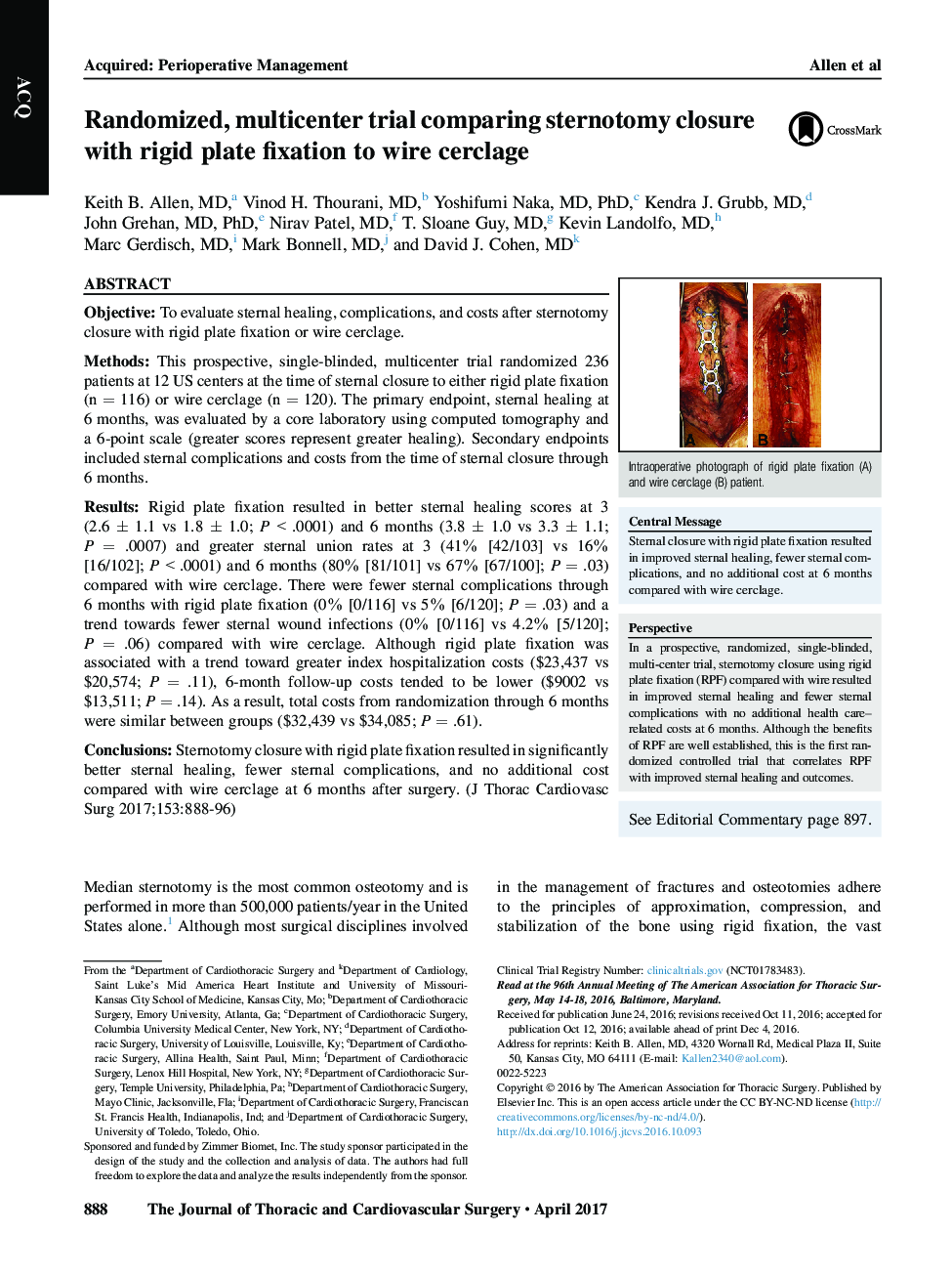 Randomized, multicenter trial comparing sternotomy closure with rigid plate fixation to wire cerclage