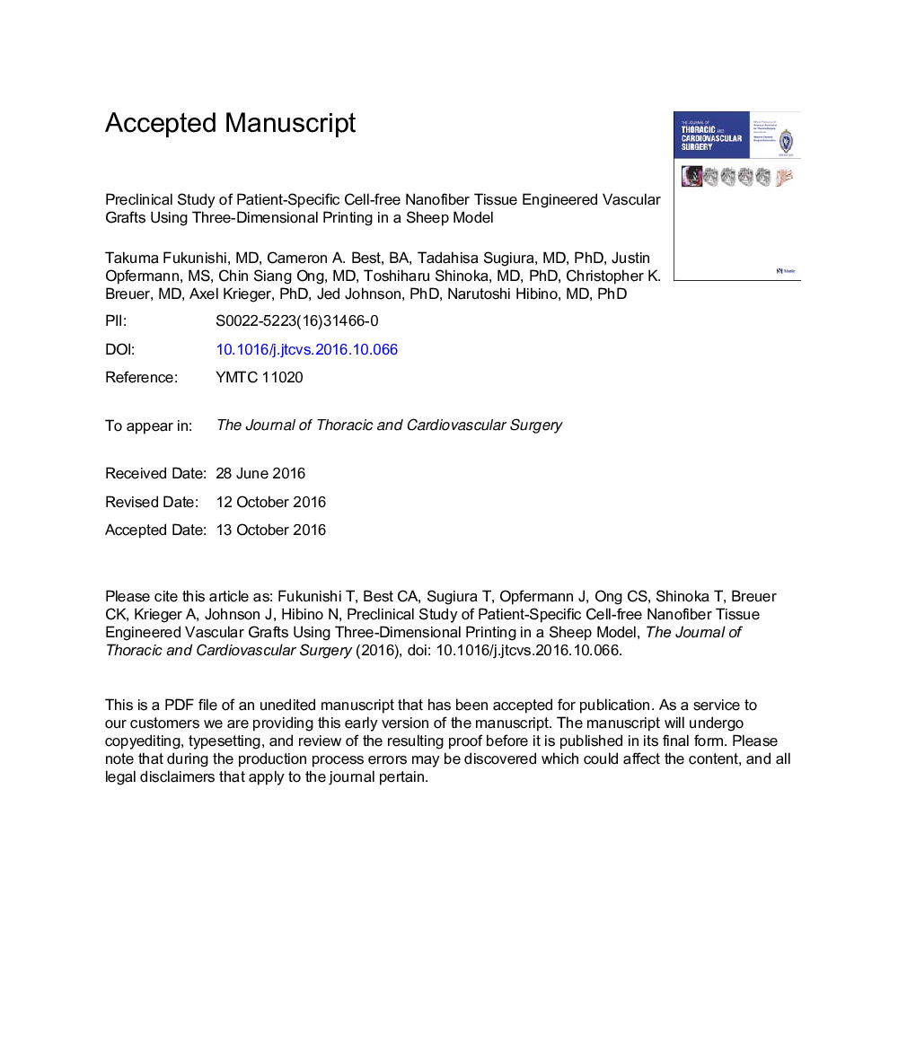 Preclinical study of patient-specific cell-free nanofiber tissue-engineered vascular grafts using 3-dimensional printing in a sheep model