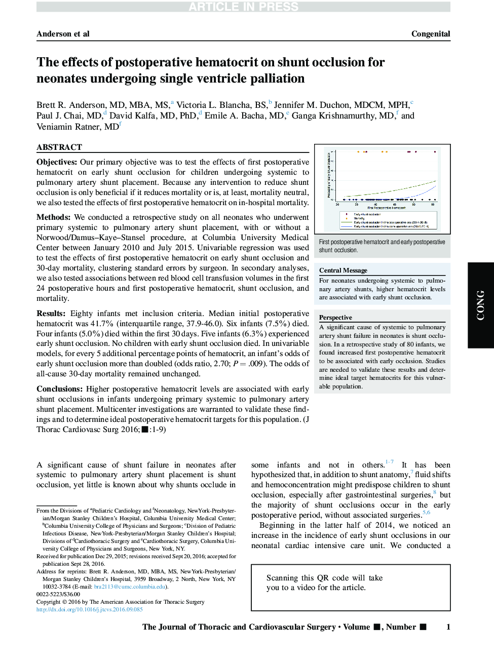 The effects of postoperative hematocrit on shunt occlusion for neonates undergoing single ventricle palliation