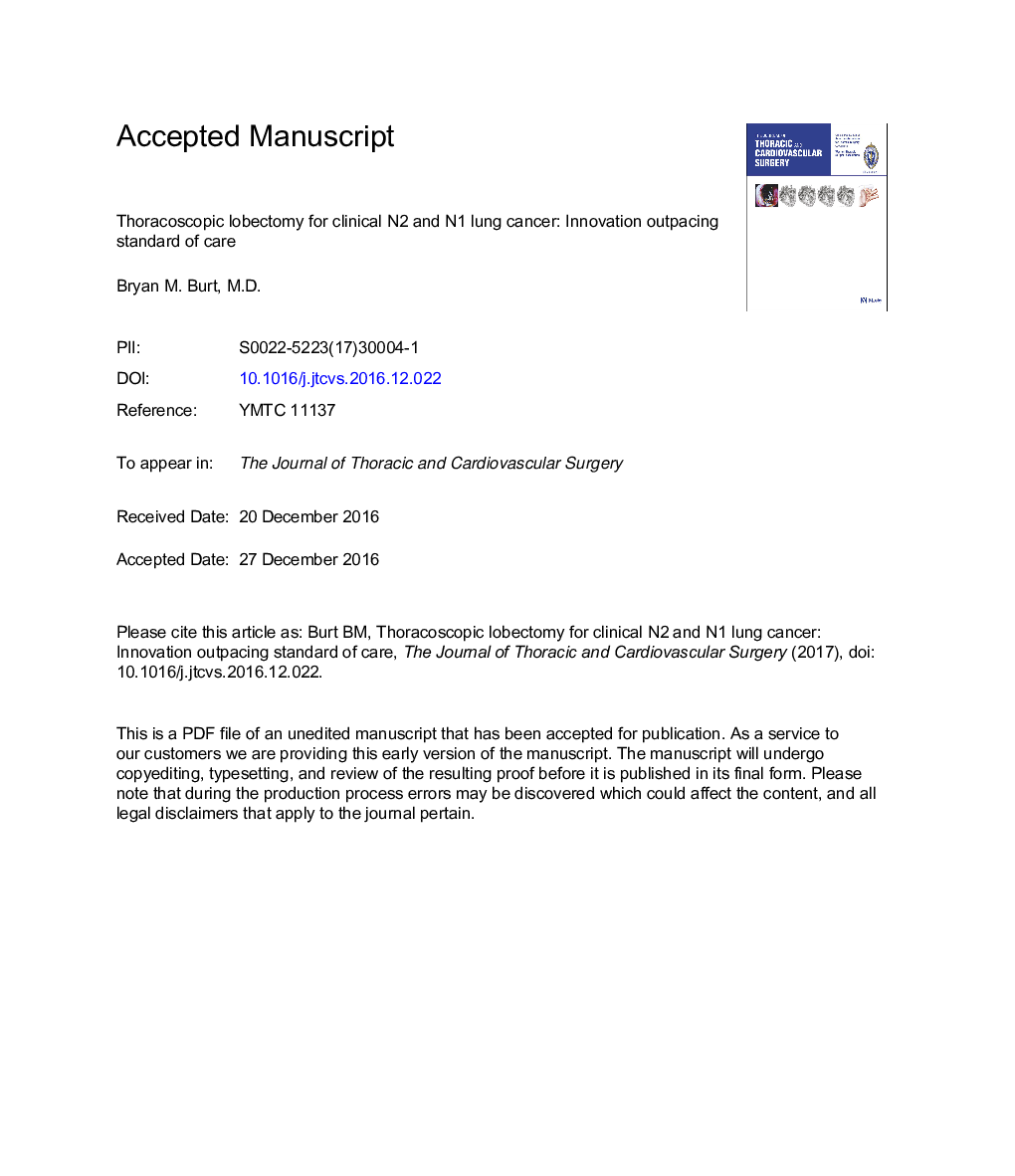 Thoracoscopic lobectomy for clinical N2 and N1 lung cancer: Innovation outpacing standard of care