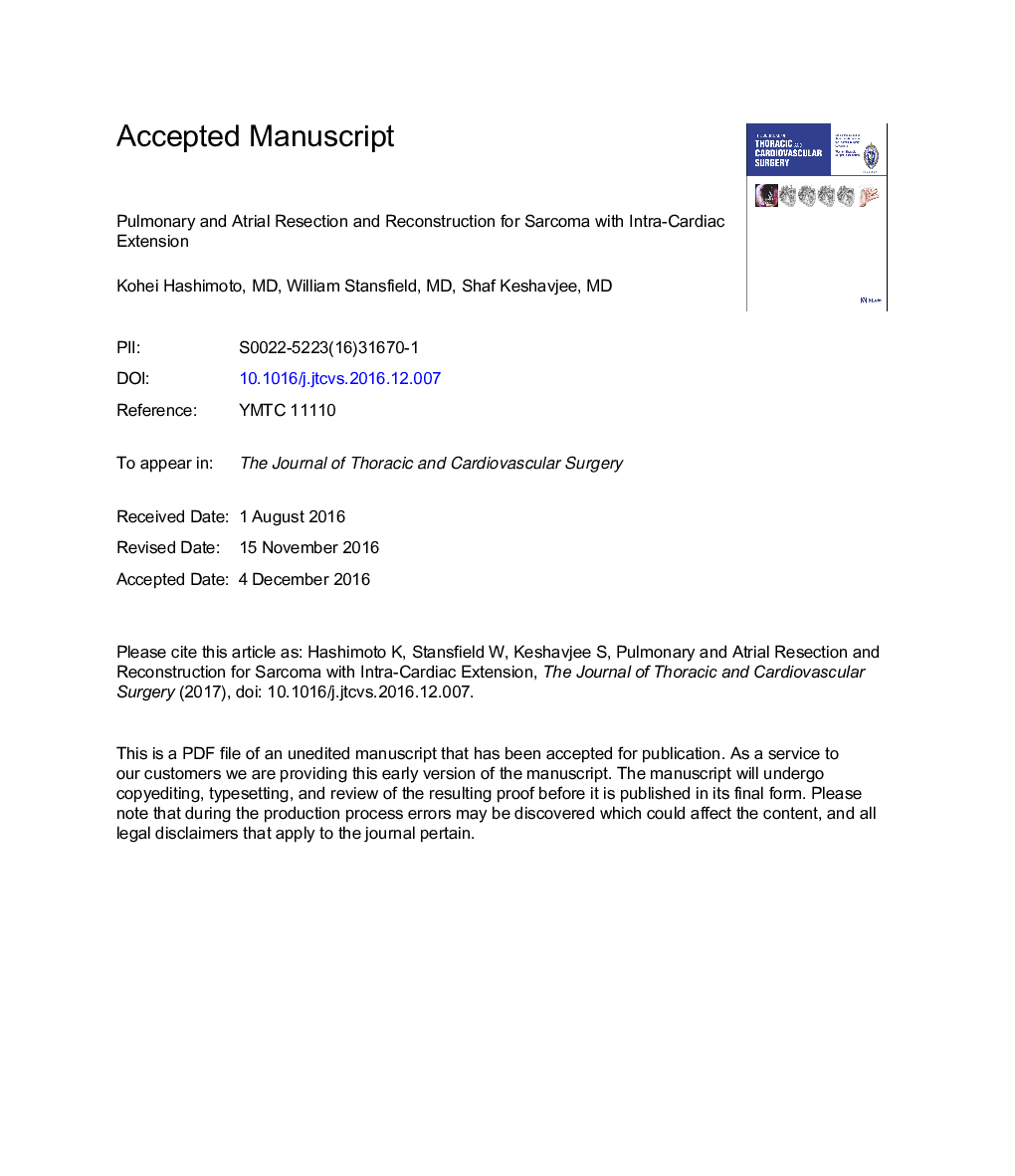 Pulmonary and atrial resection and reconstruction for sarcoma with intracardiac extension