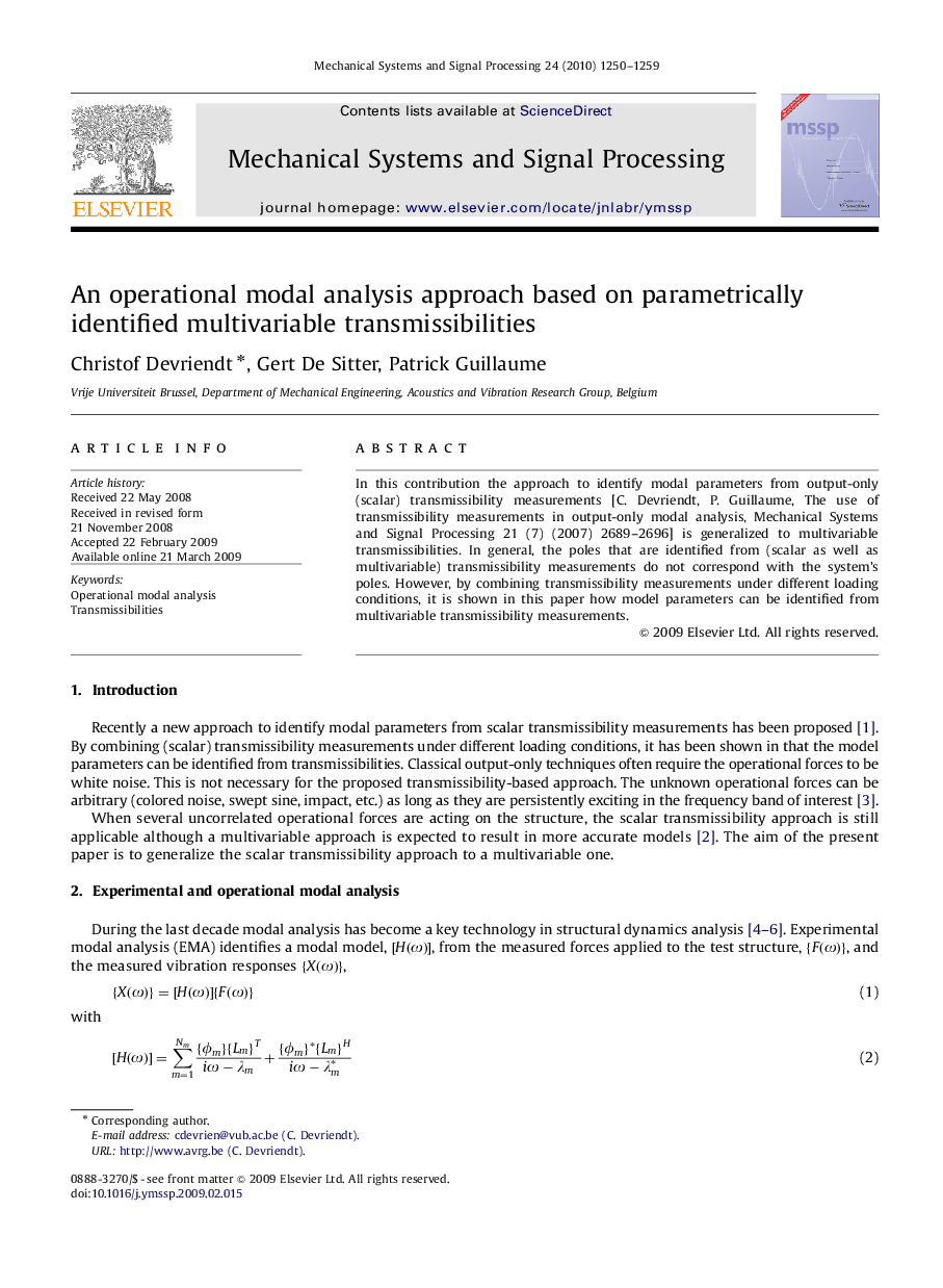 An operational modal analysis approach based on parametrically identified multivariable transmissibilities