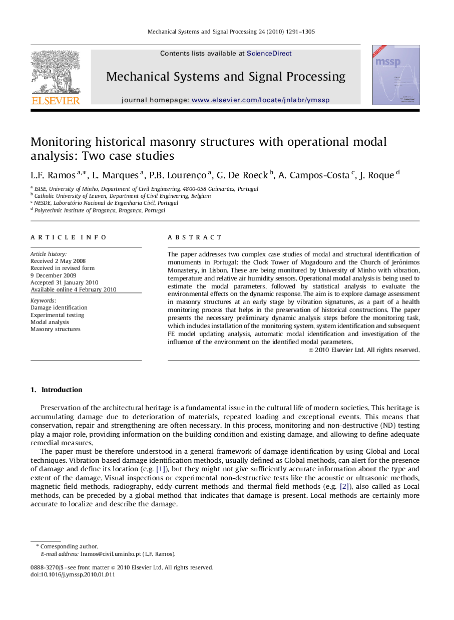 Monitoring historical masonry structures with operational modal analysis: Two case studies