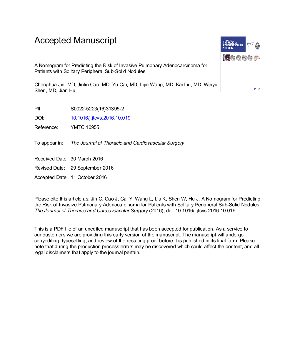 A nomogram for predicting the risk of invasive pulmonary adenocarcinoma for patients with solitary peripheral subsolid nodules