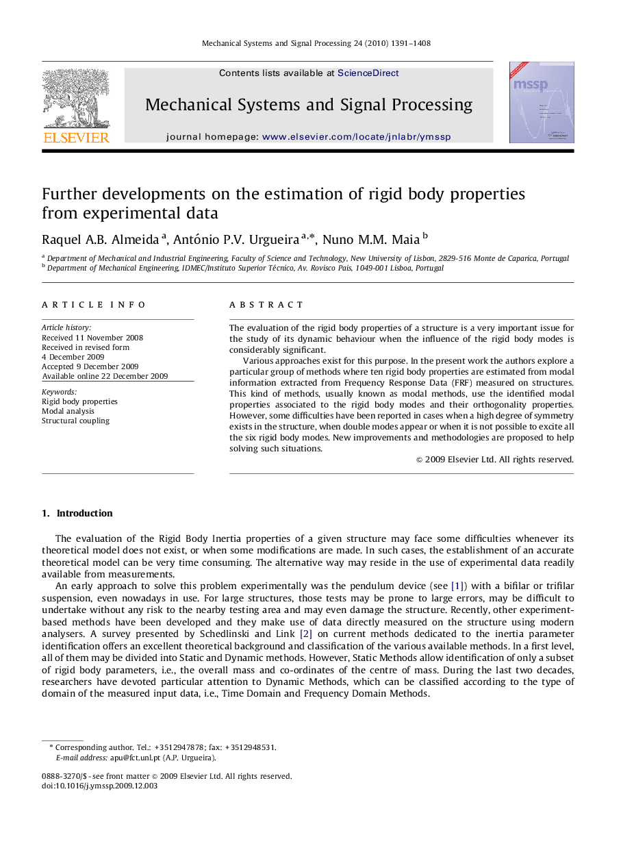 Further developments on the estimation of rigid body properties from experimental data