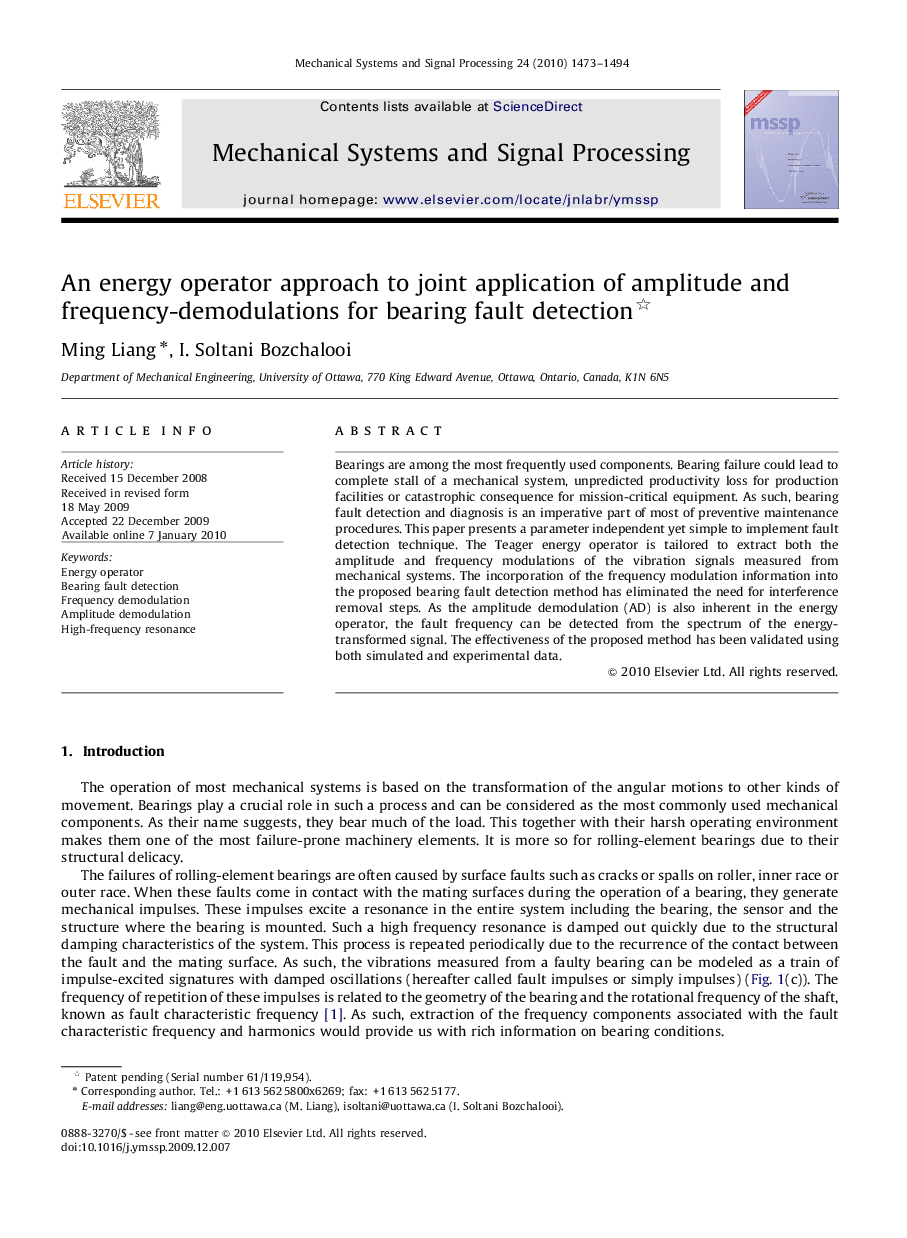 An energy operator approach to joint application of amplitude and frequency-demodulations for bearing fault detection 