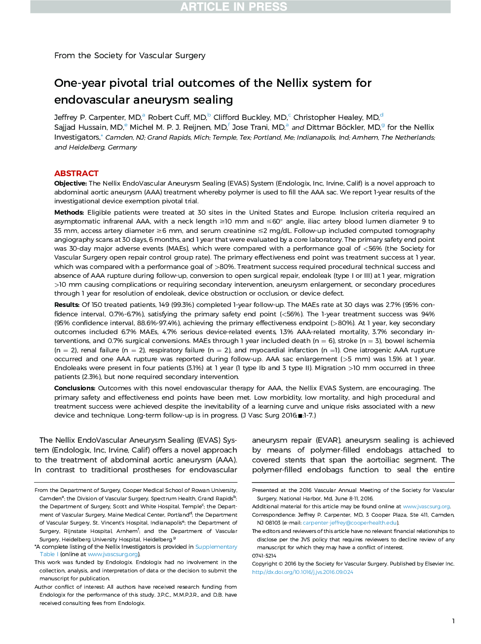 One-year pivotal trial outcomes of the Nellix system for endovascular aneurysm sealing