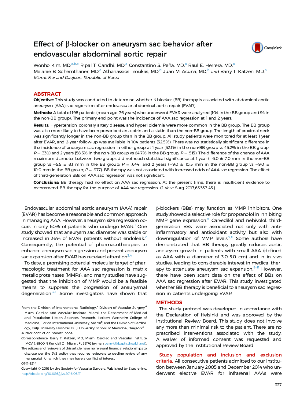 Effect of Î²-blocker on aneurysm sac behavior after endovascular abdominal aortic repair