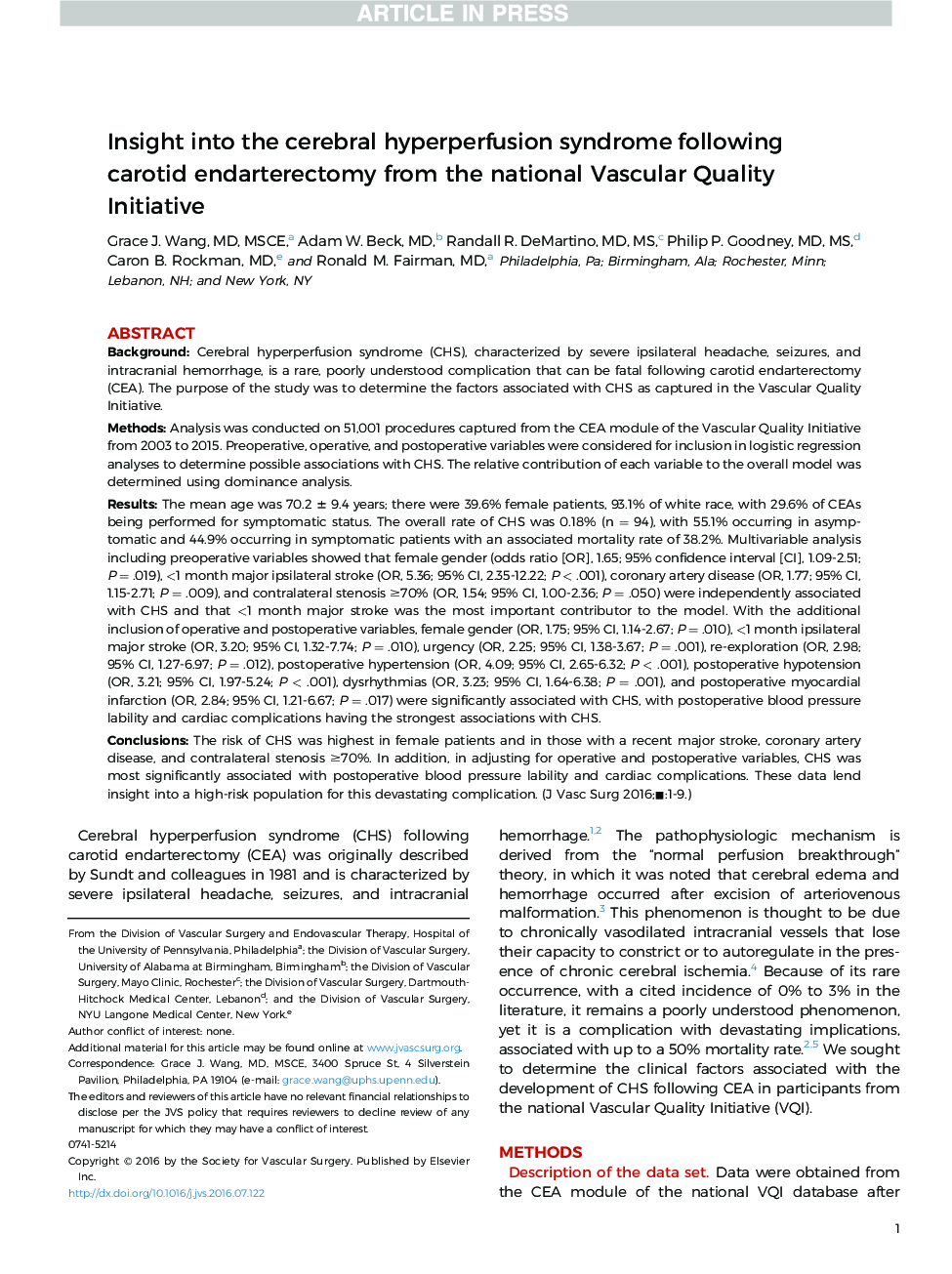 Insight into the cerebral hyperperfusion syndrome following carotid endarterectomy from the national Vascular Quality Initiative