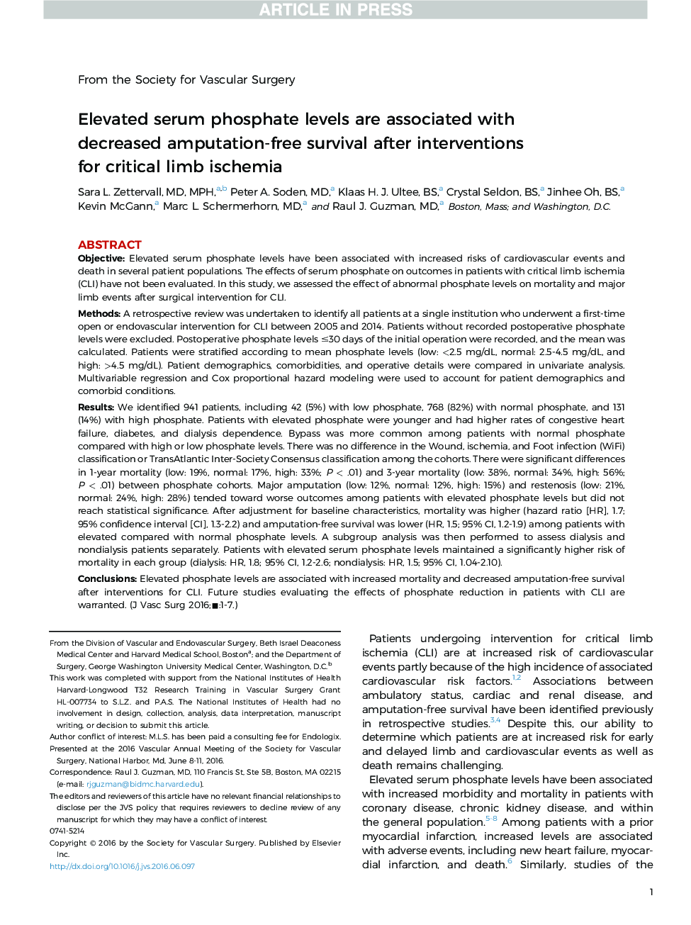 Elevated serum phosphate levels are associated with decreased amputation-free survival after interventions for critical limb ischemia