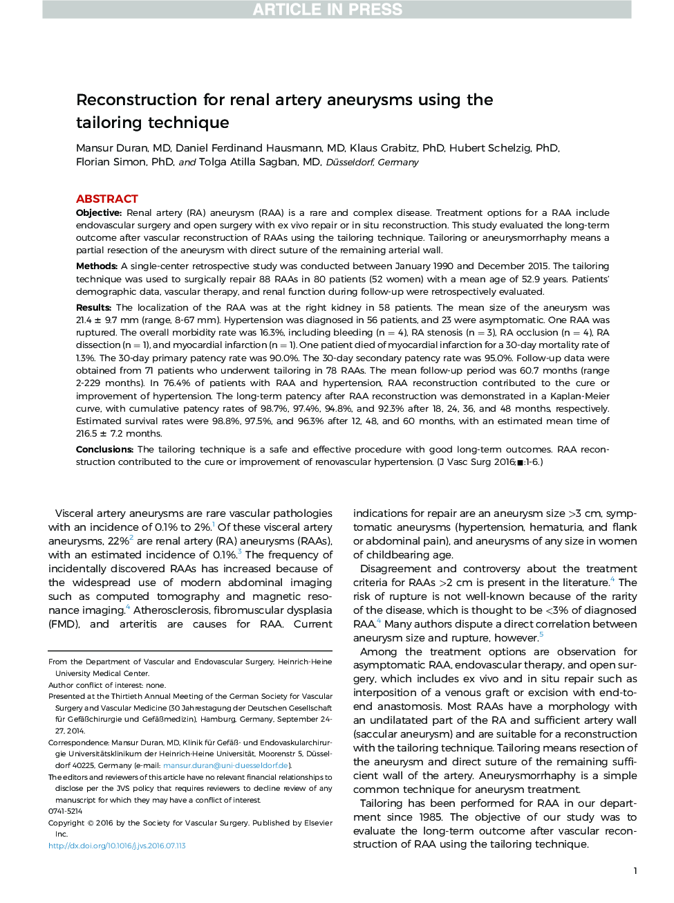 Reconstruction for renal artery aneurysms using the tailoring technique