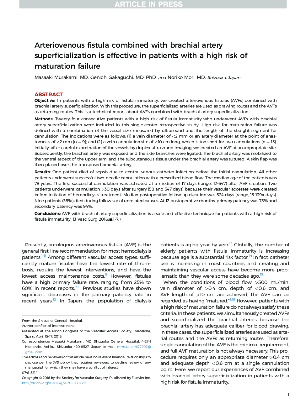 Arteriovenous fistula combined with brachial artery superficialization is effective in patients with a high risk of maturation failure