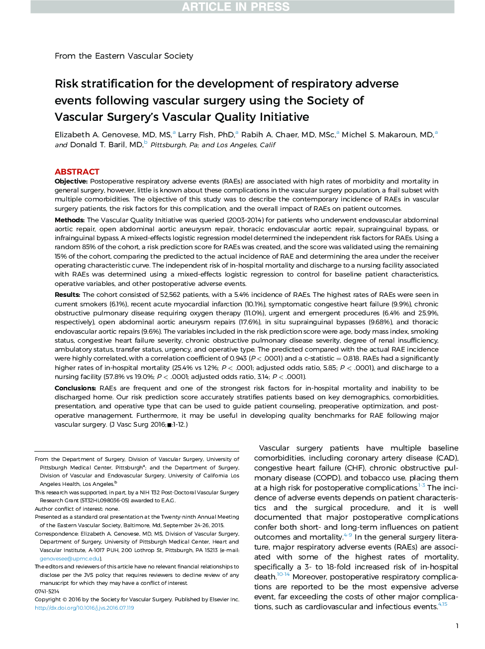 Risk stratification for the development of respiratory adverse events following vascular surgery using the SocietyÂ of Vascular Surgery's Vascular Quality Initiative