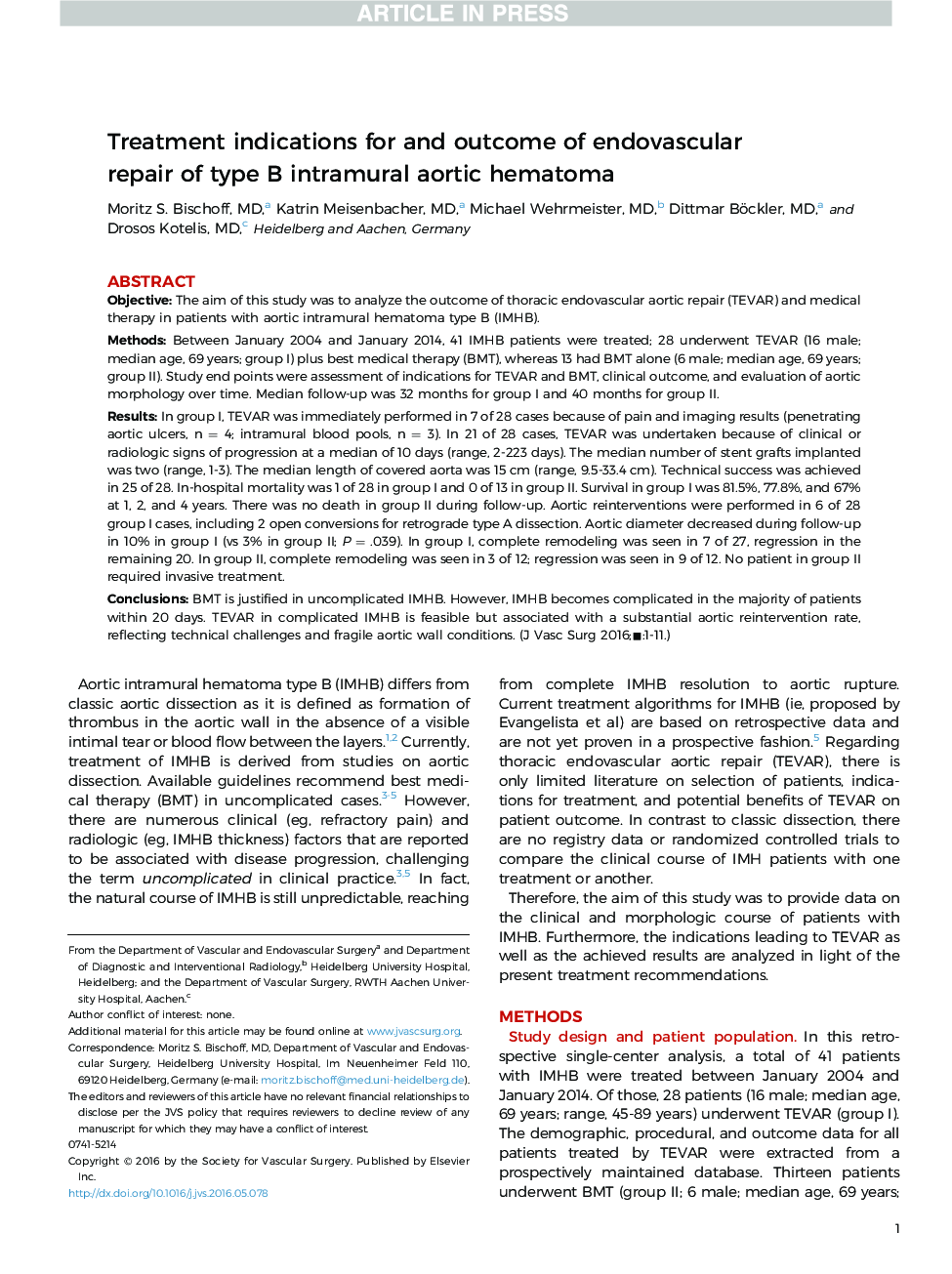 Treatment indications for and outcome of endovascular repair of type B intramural aortic hematoma