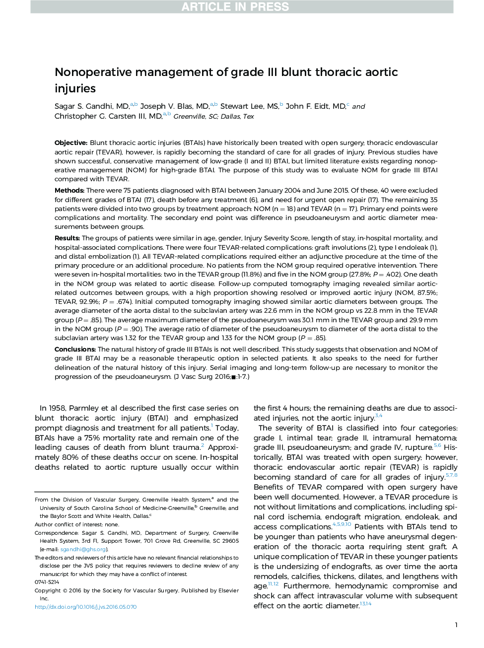 Nonoperative management of grade III blunt thoracic aortic injuries