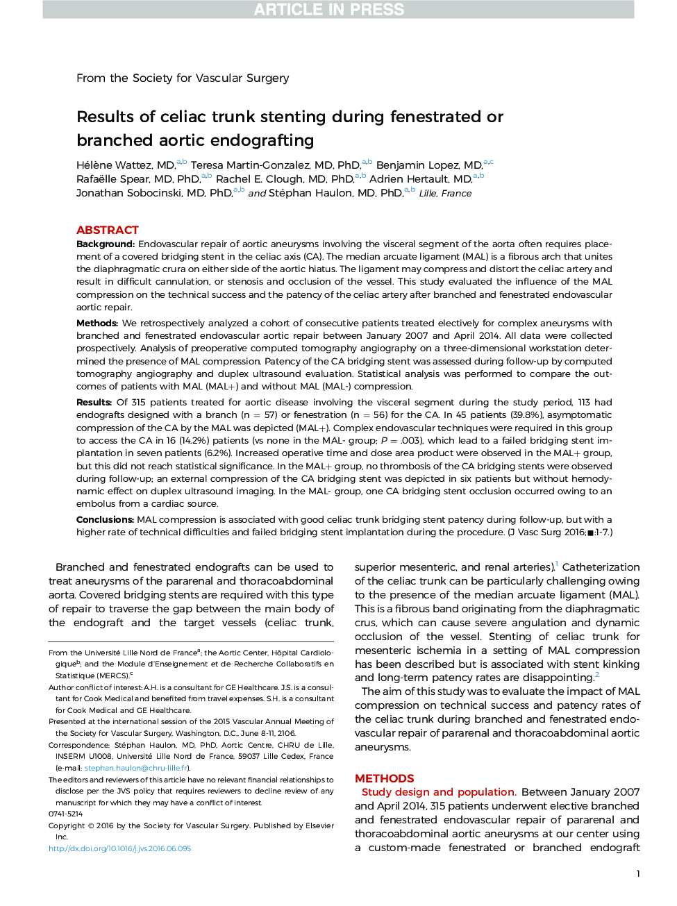Results of celiac trunk stenting during fenestrated or branched aortic endografting