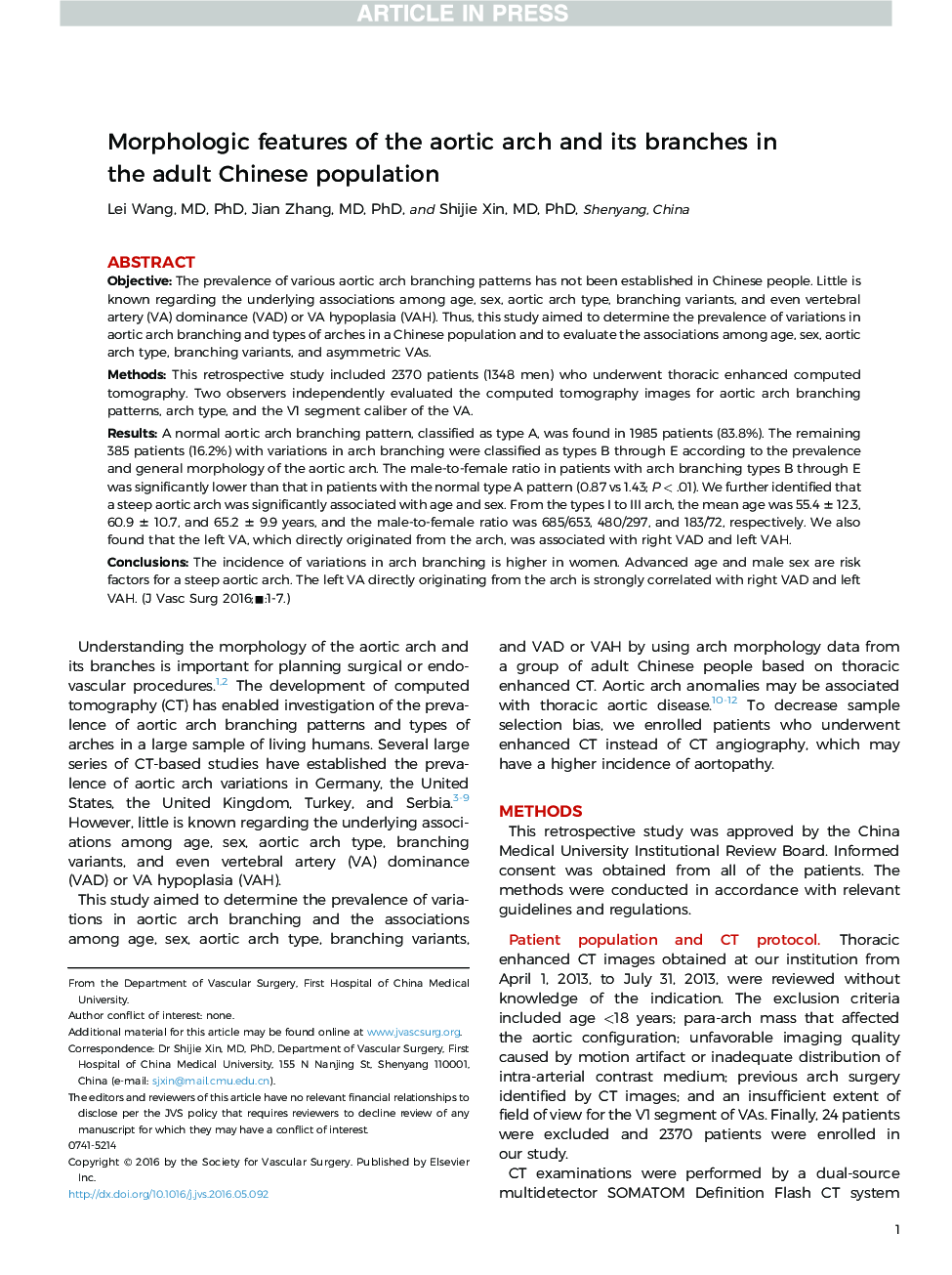 Morphologic features of the aortic arch and its branches in the adult Chinese population
