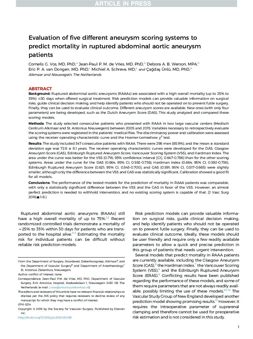 Evaluation of five different aneurysm scoring systems to predict mortality in ruptured abdominal aortic aneurysm patients