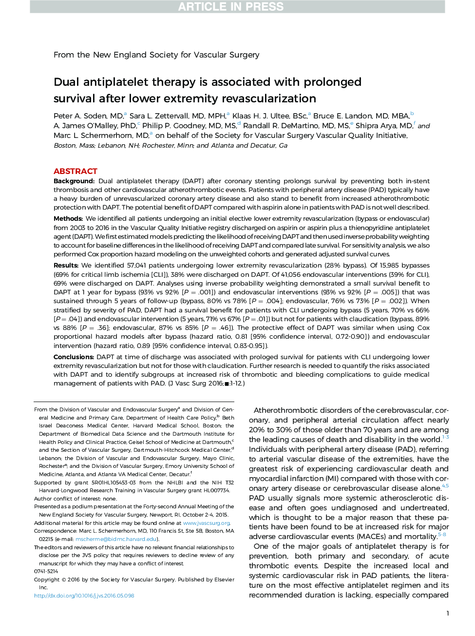 Dual antiplatelet therapy is associated with prolonged survival after lower extremity revascularization