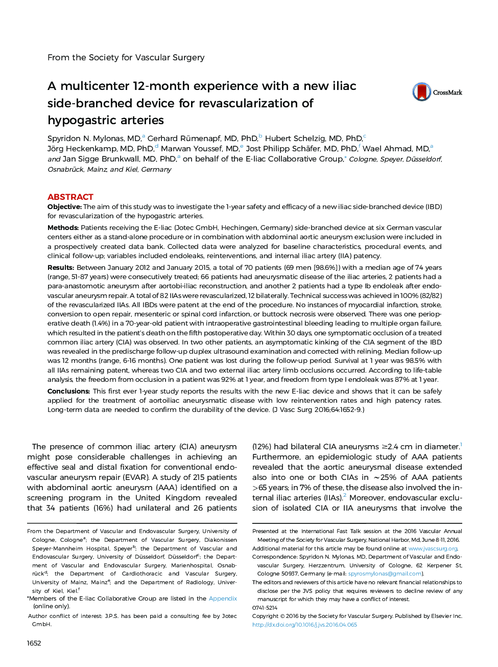 A multicenter 12-month experience with a new iliac side-branched device for revascularization of hypogastric arteries