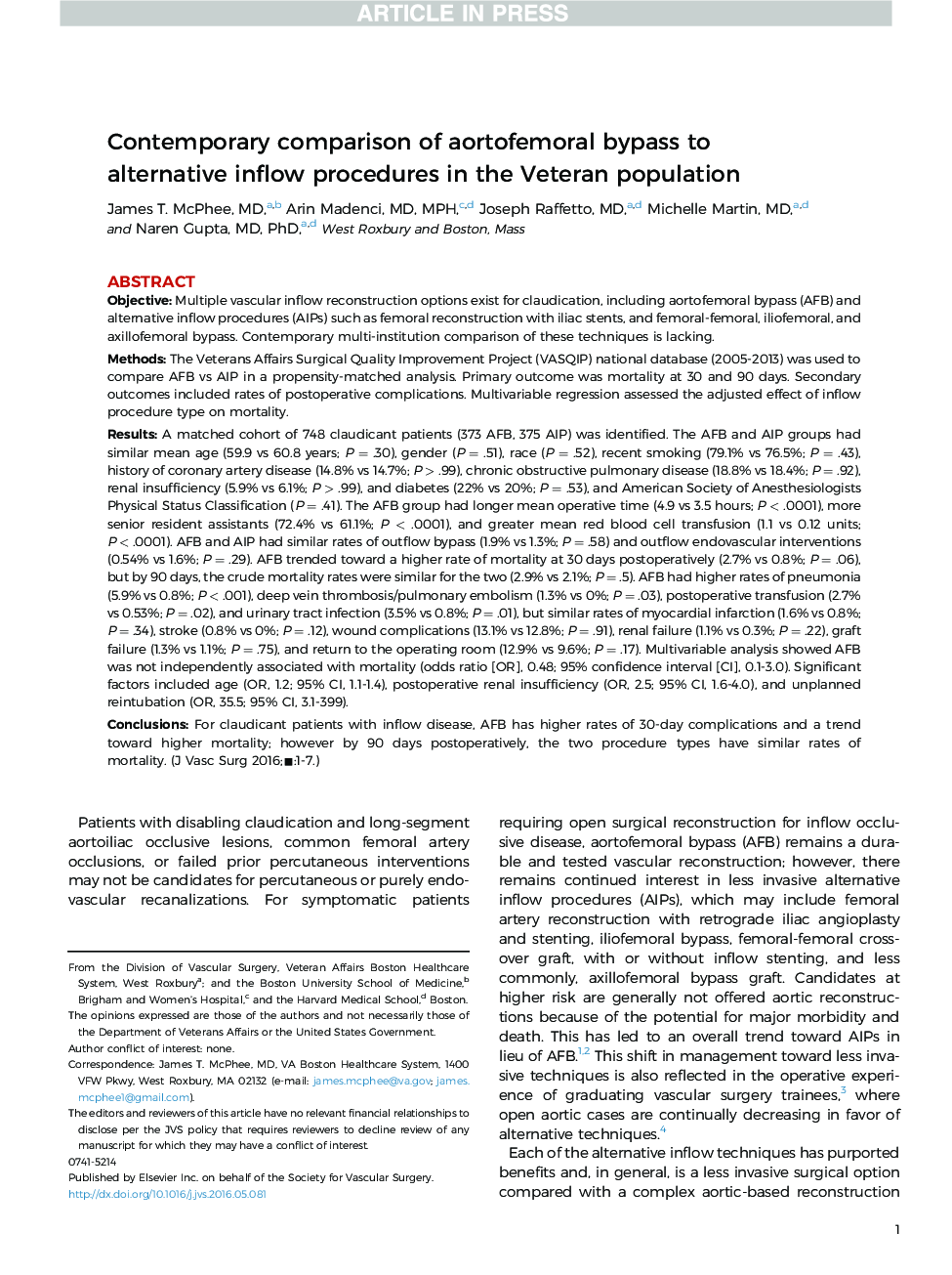 Contemporary comparison of aortofemoral bypass to alternative inflow procedures in the Veteran population