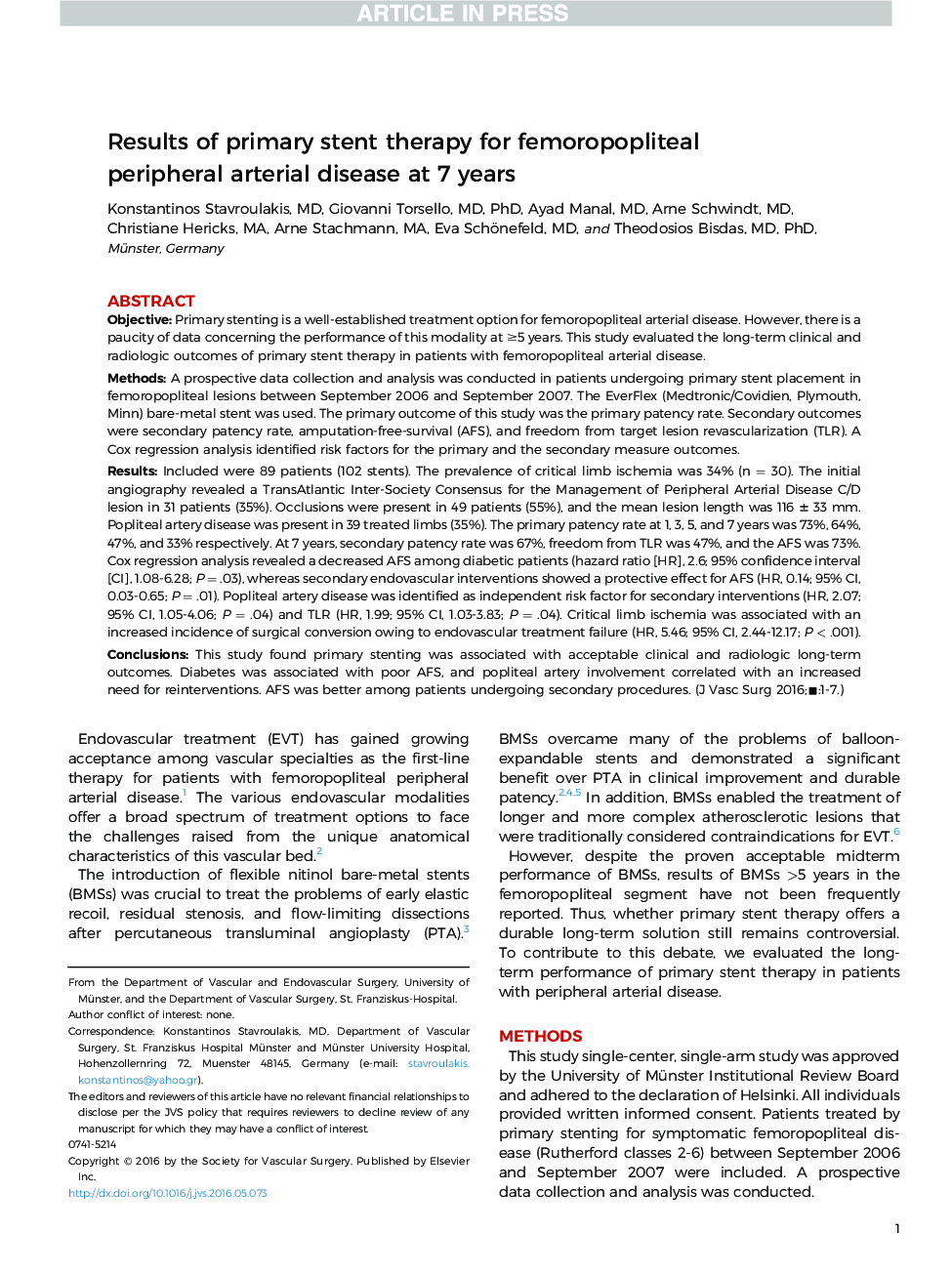 Results of primary stent therapy for femoropopliteal peripheral arterial disease at 7Â years