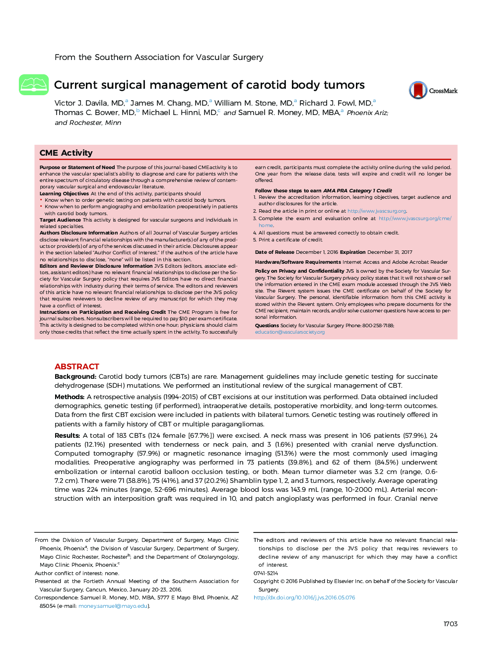 Current surgical management of carotid body tumors