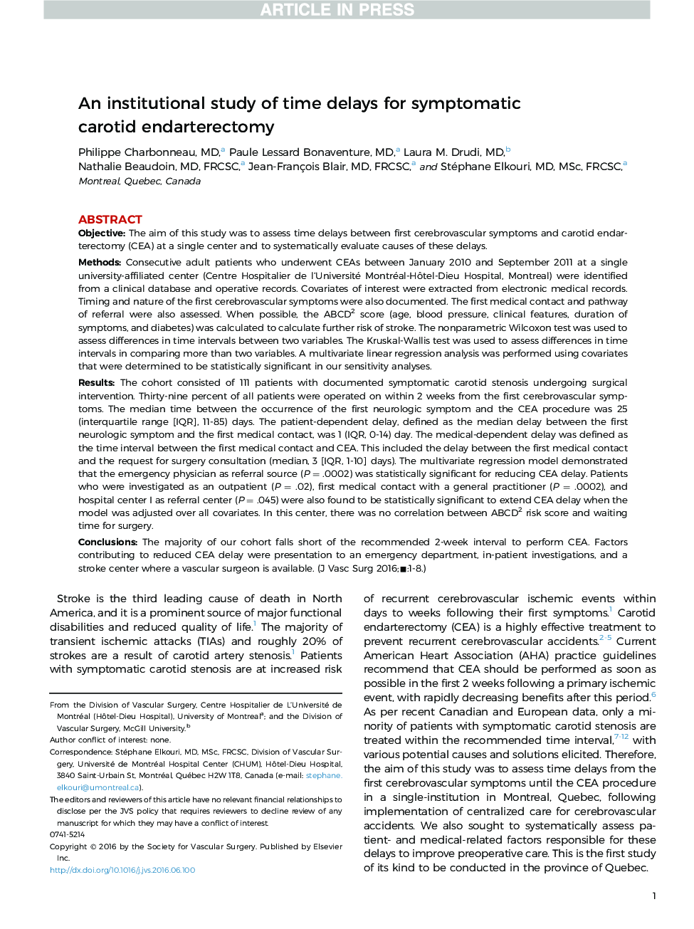 An institutional study of time delays for symptomatic carotid endarterectomy