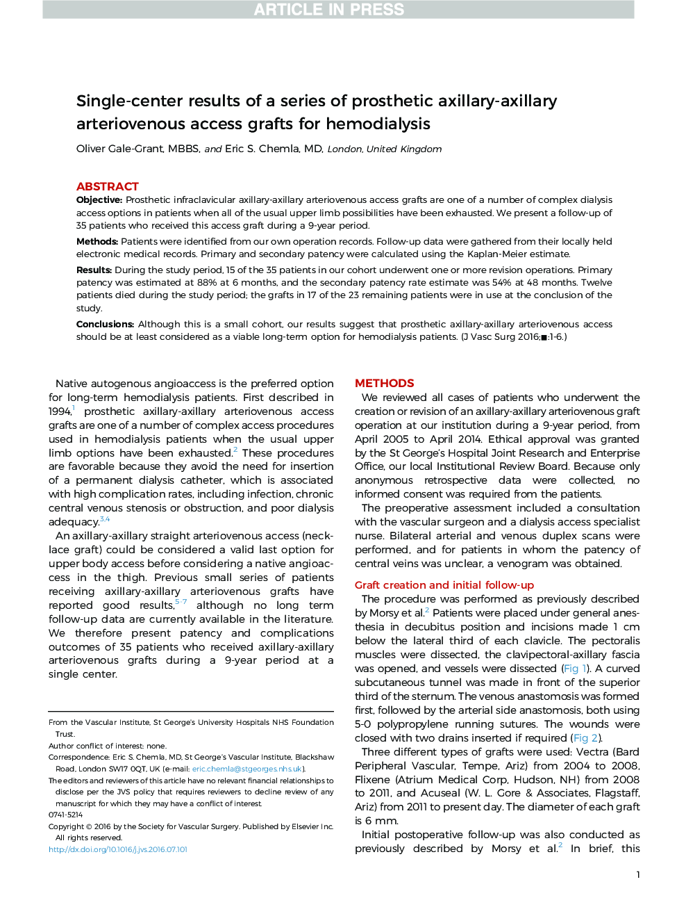 Single-center results of a series of prosthetic axillary-axillary arteriovenous access grafts for hemodialysis