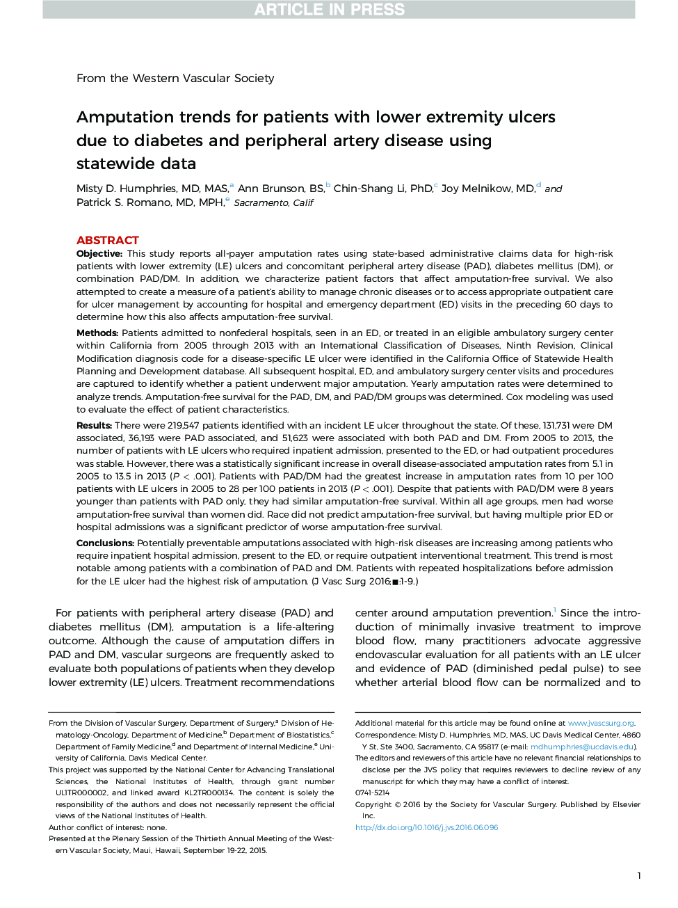 Amputation trends for patients with lower extremity ulcers due to diabetes and peripheral artery disease using statewide data