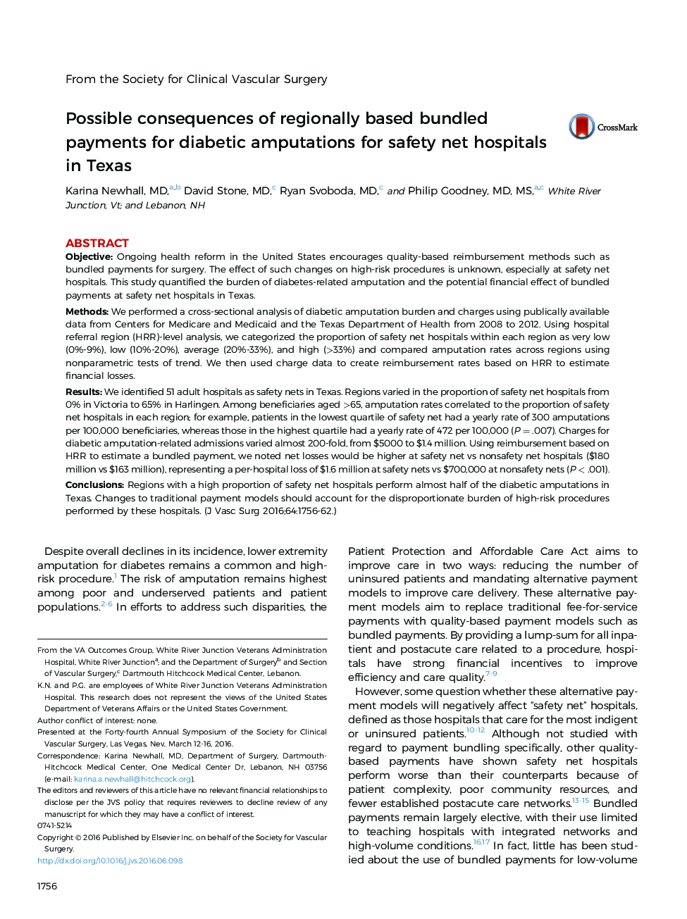 Possible consequences of regionally based bundled payments for diabetic amputations for safety net hospitals in Texas