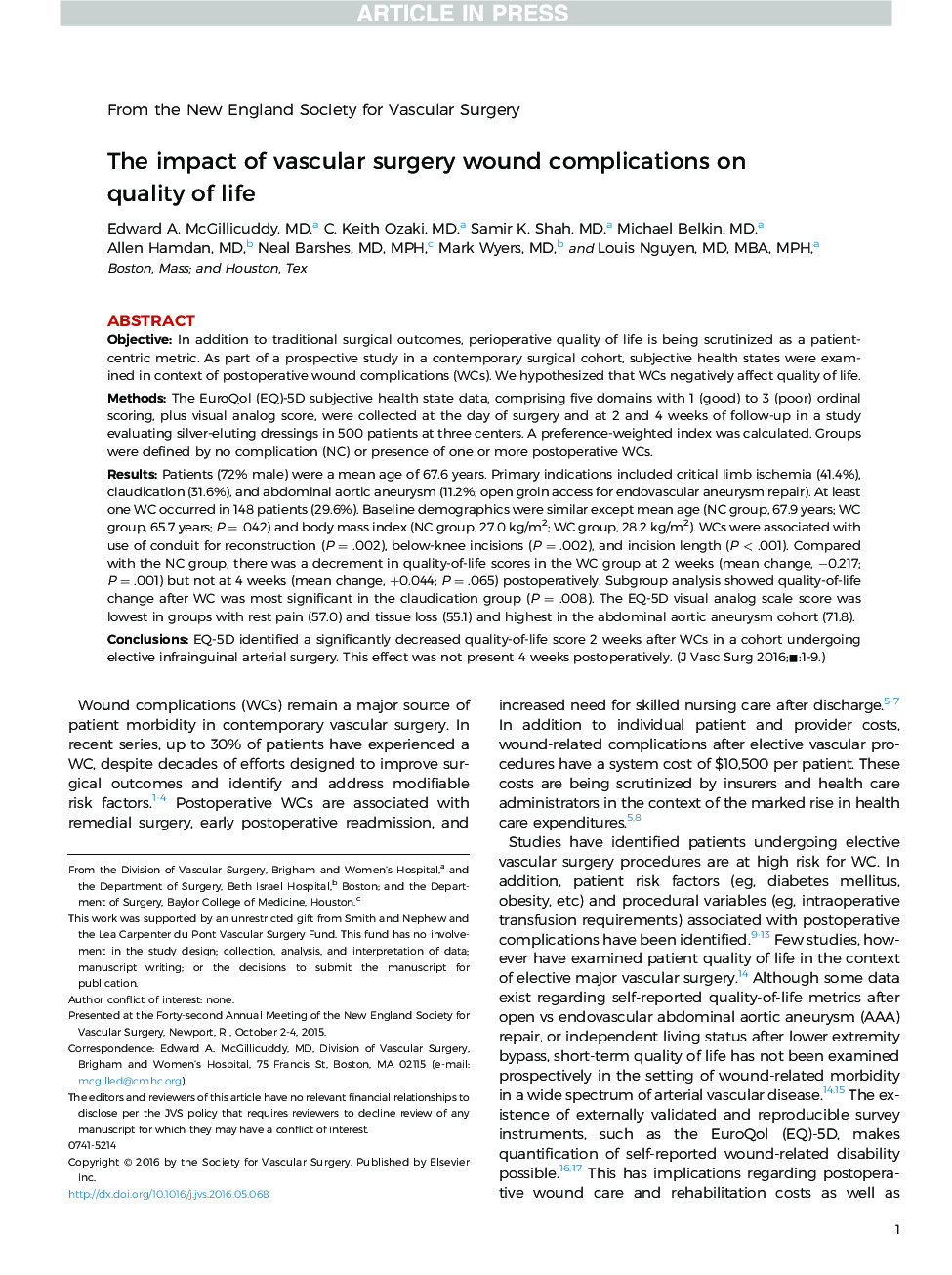 The impact of vascular surgery wound complications on quality of life