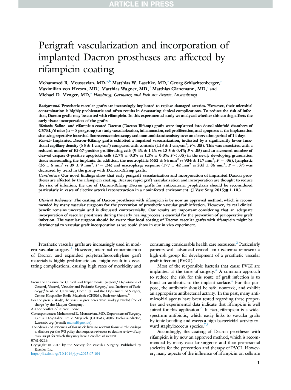 Perigraft vascularization and incorporation of implanted Dacron prostheses are affected by rifampicin coating
