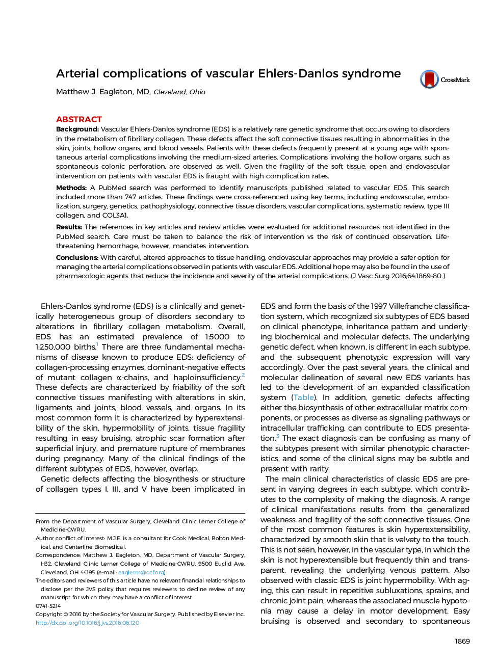 Arterial complications of vascular Ehlers-Danlos syndrome