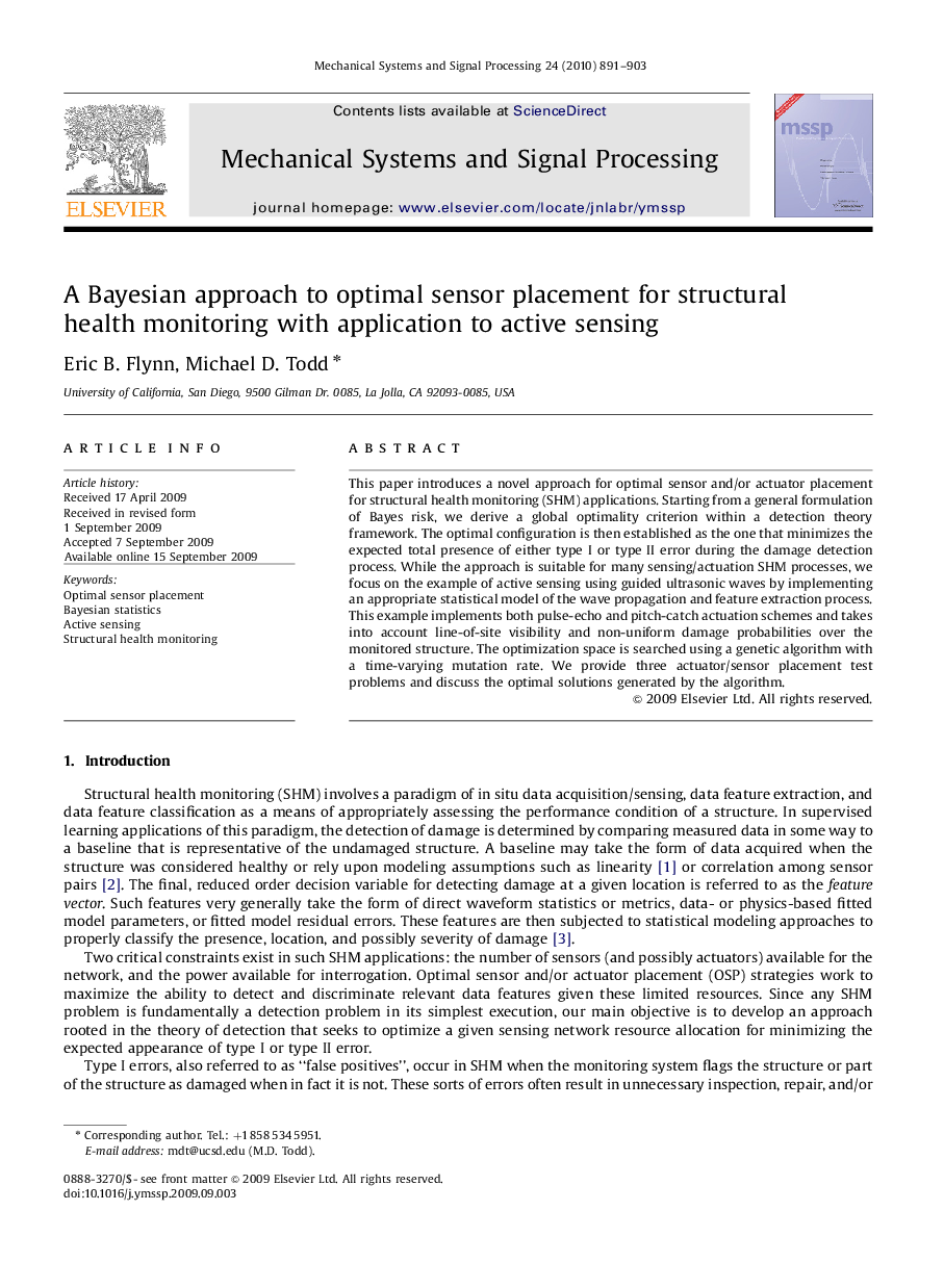 عکس صفحه اول مقاله: A Bayesian approach to optimal sensor placement for structural health monitoring with application to active sensing A Bayesian approach to optimal sensor placement for structural health monitoring with application to active sensing