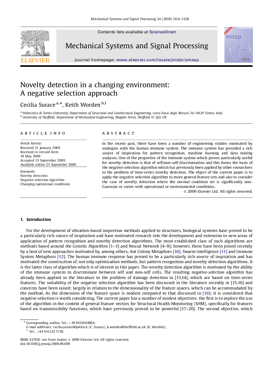 Novelty detection in a changing environment: A negative selection approach