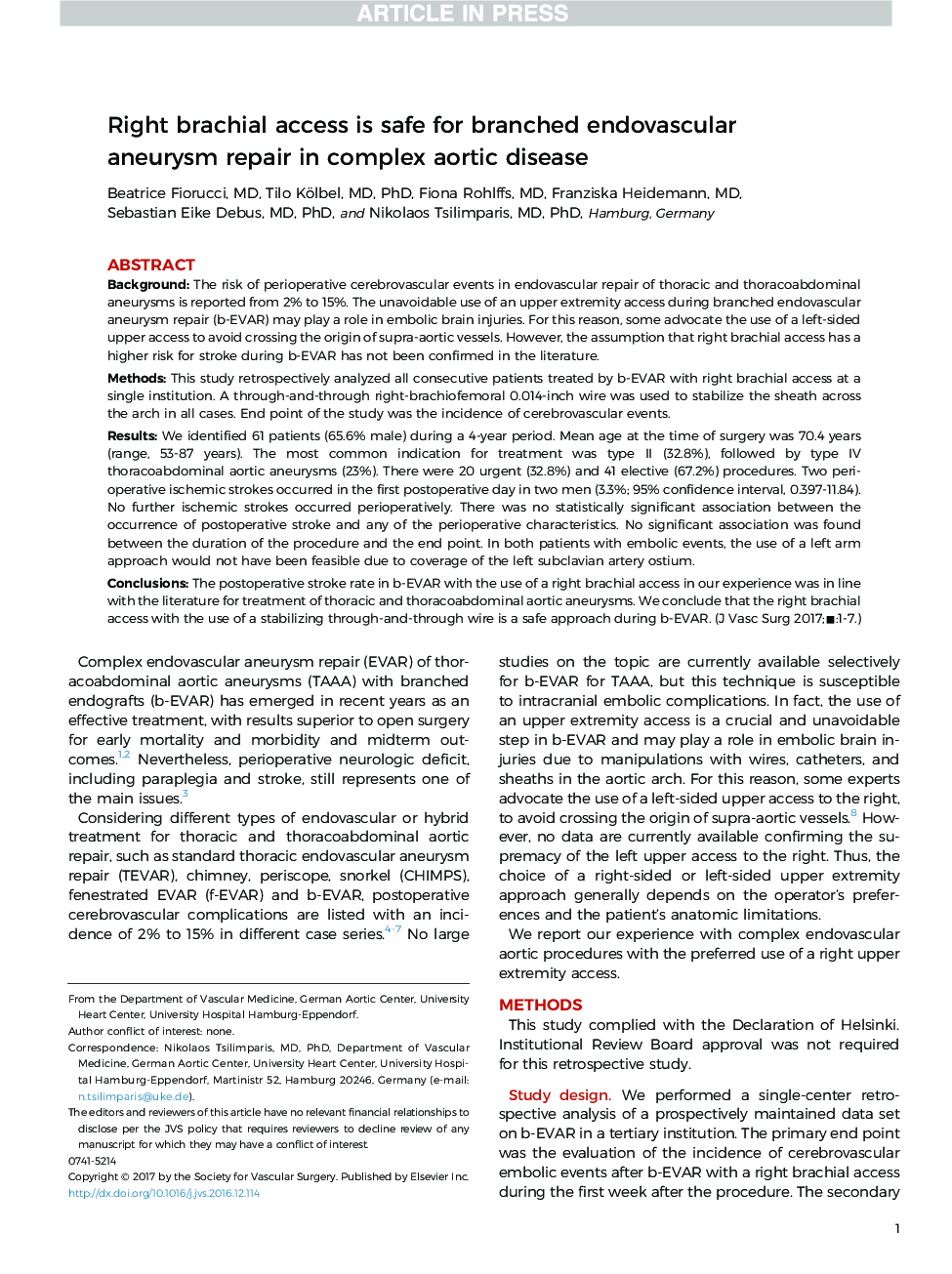 Right brachial access is safe for branched endovascular aneurysm repair in complex aortic disease