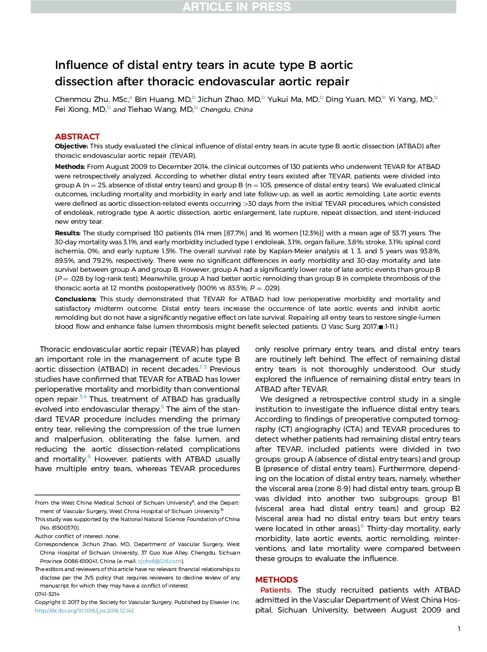 Influence of distal entry tears in acute type B aortic dissection after thoracic endovascular aortic repair