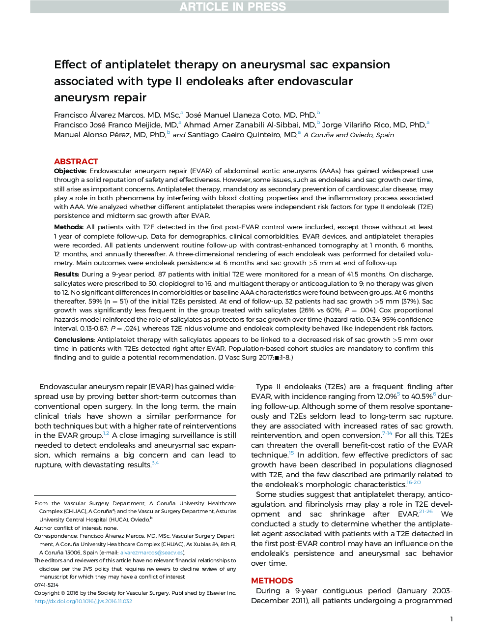 Effect of antiplatelet therapy on aneurysmal sac expansion associated with type II endoleaks after endovascular aneurysm repair