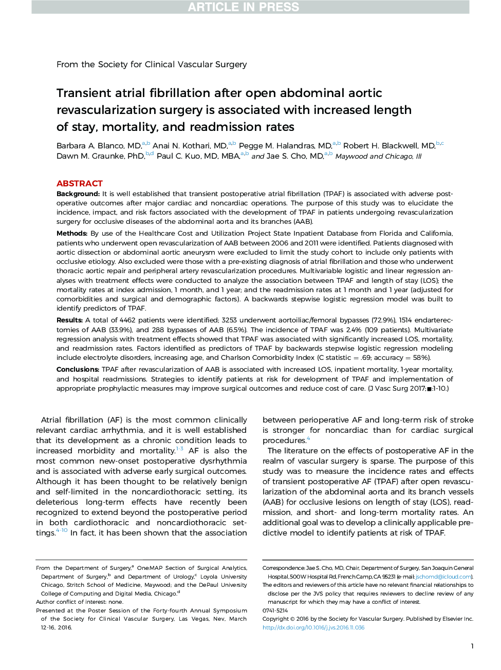 Transient atrial fibrillation after open abdominal aortic revascularization surgery is associated with increased length of stay, mortality, and readmission rates