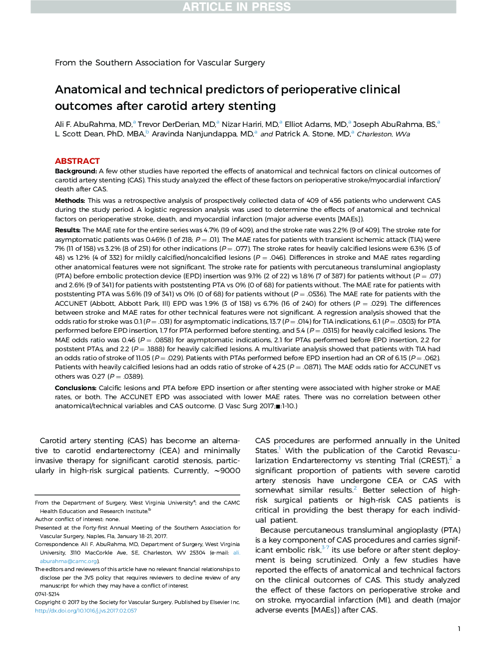 Anatomical and technical predictors of perioperative clinical outcomes after carotid artery stenting