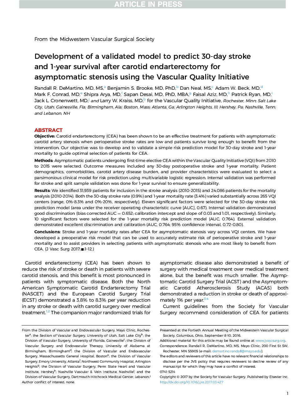Development of a validated model to predict 30-day stroke and 1-year survival after carotid endarterectomy for asymptomatic stenosis using the Vascular Quality Initiative